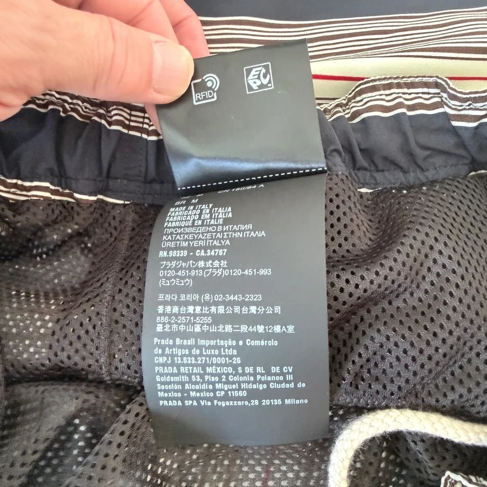 Prada UB378 Men's Medium Navy Blue White striped technical fabric swim trunks